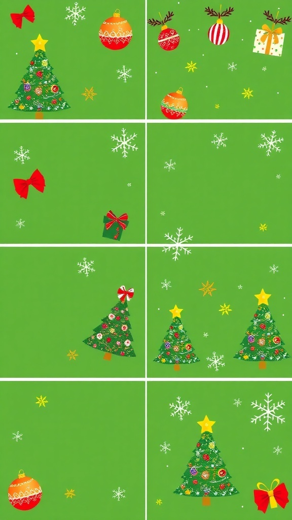 A selection of Christmas-themed images with green backgrounds, showcasing trees, ornaments, and snowflakes.